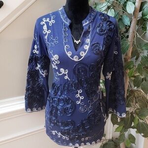 Lauren Michelle Top Womens Large Blue Embellished Tunic Ribbon Rosettes Artsy